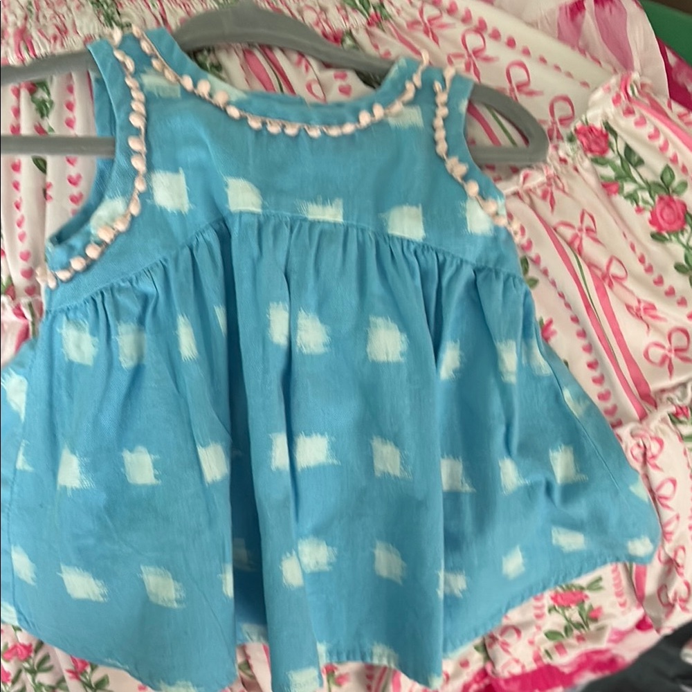 Blue and White Polka Dot Blouse with Scalloped Trim